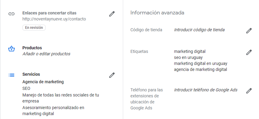 Palabras clave Google My Business