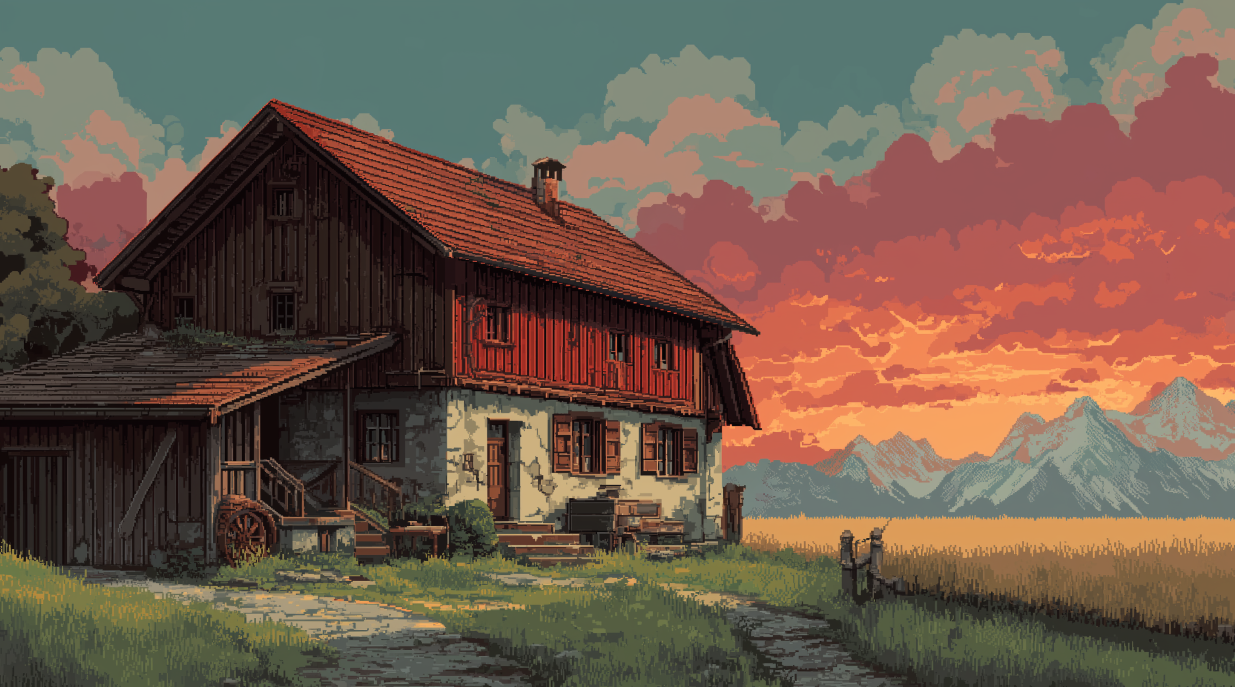 A Swiss faarmhouse scene in a simplistic 1980's video game style, pixel art, dramatic pose, --ar 169 --v 7.0.