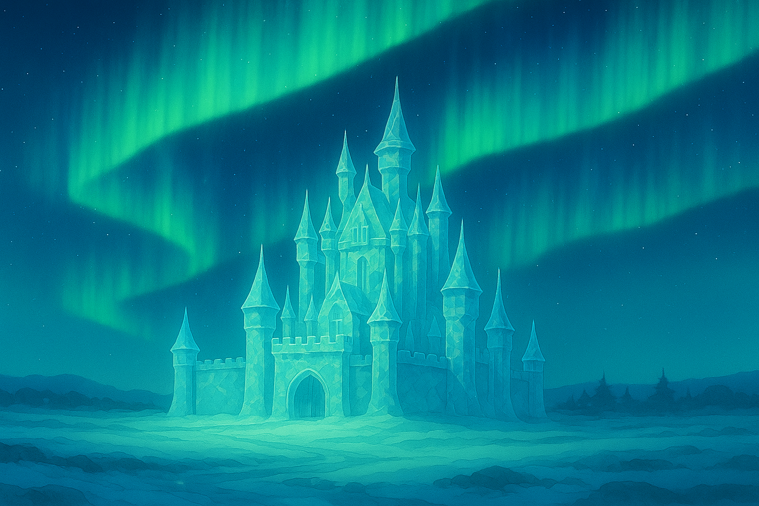 Un castillo medieval hecho de cristal, bajo una aurora boreal, estilo Studio Ghibli.