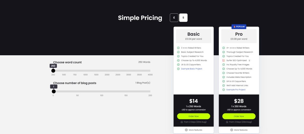 content writing pricing
