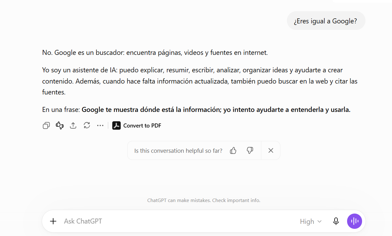 chatgpt responde que no funciona como google